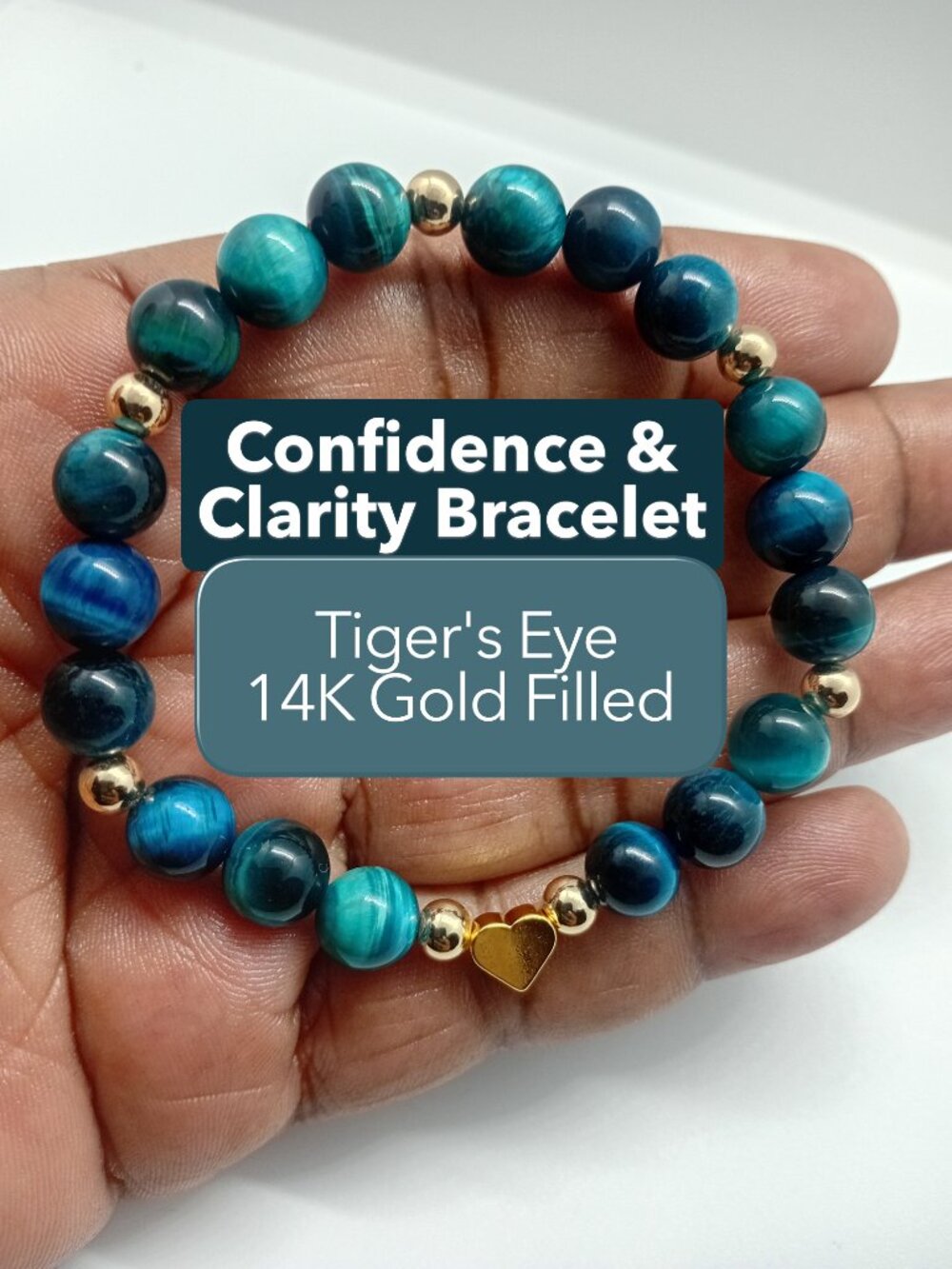 Turquoise Tiger’s Eye Heart Stretch Bracelet 14K Gold Filled | Calm Clarity Love